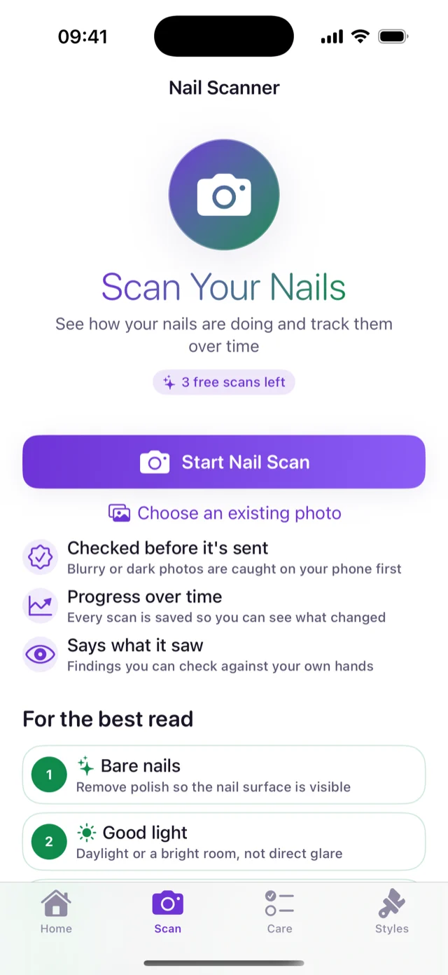 Nail AI's scanner screen on iPhone, showing the Start Nail Scan button and tips for the best read.